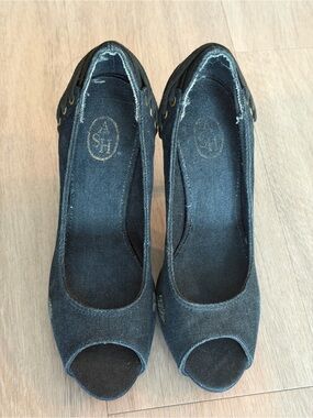 “Ash” Denim Blue Peep-Toe Corset Heels